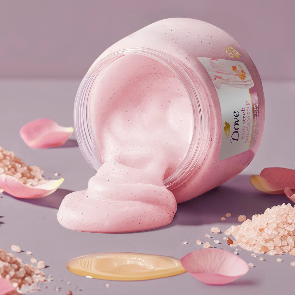 Dove Body Scrub Himalayan Salt & Rose Oil with rose petals