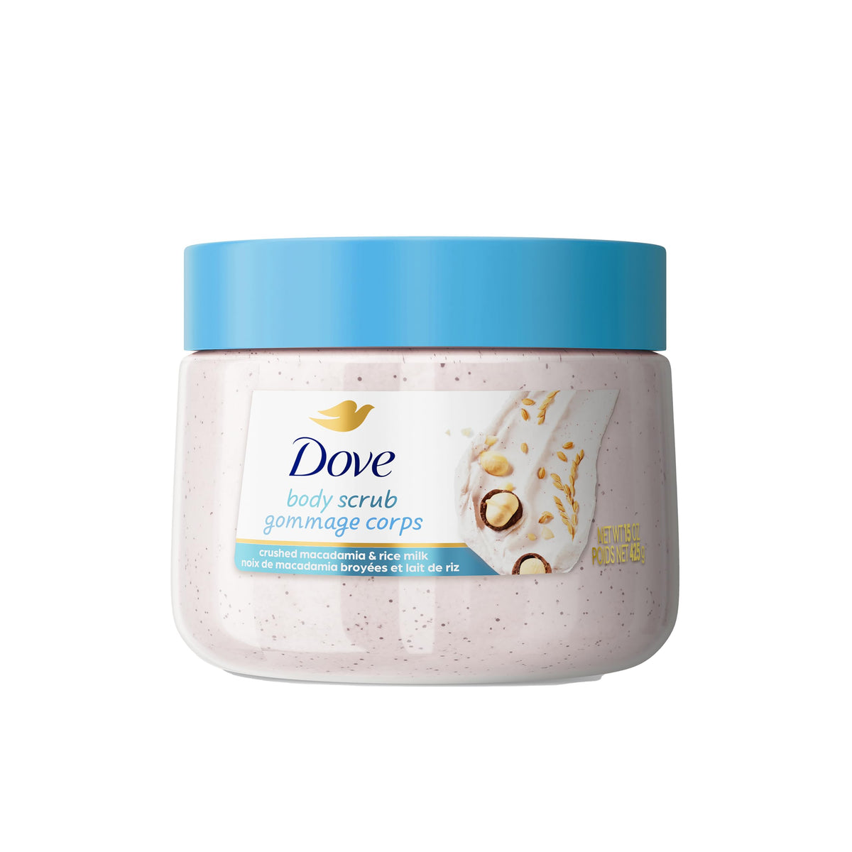 Dove Body Scrub Macadamia & Rice Milk 15 oz front view