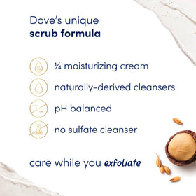 Dove Body Scrub Macadamia & Rice Milk packaging with floral background