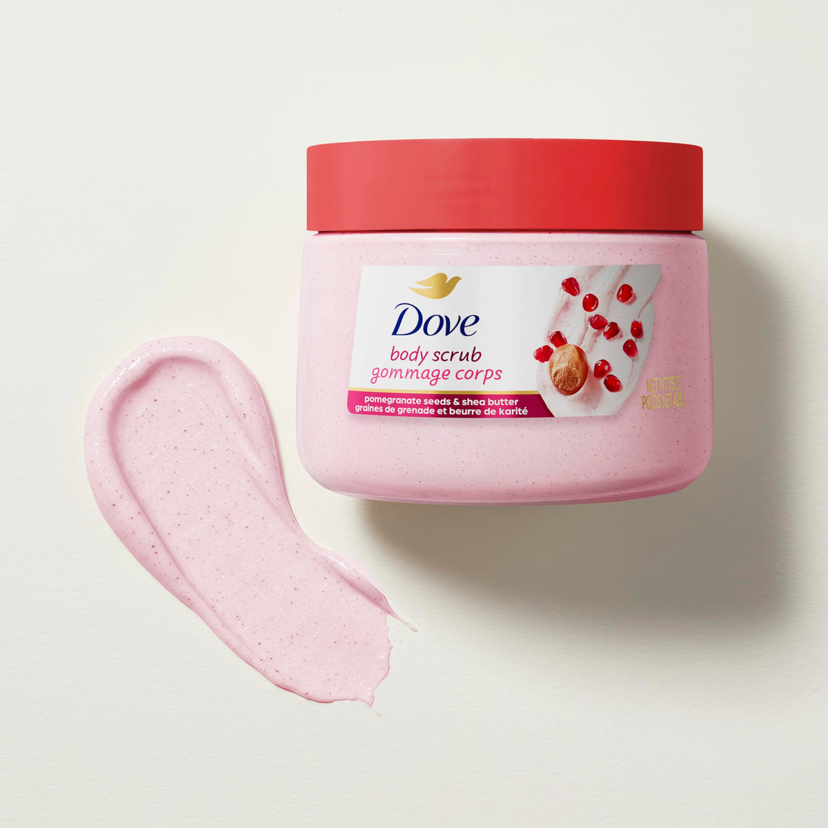 Dove Body Scrub Pomegranate & Shea Butter 15 oz on bathroom counter