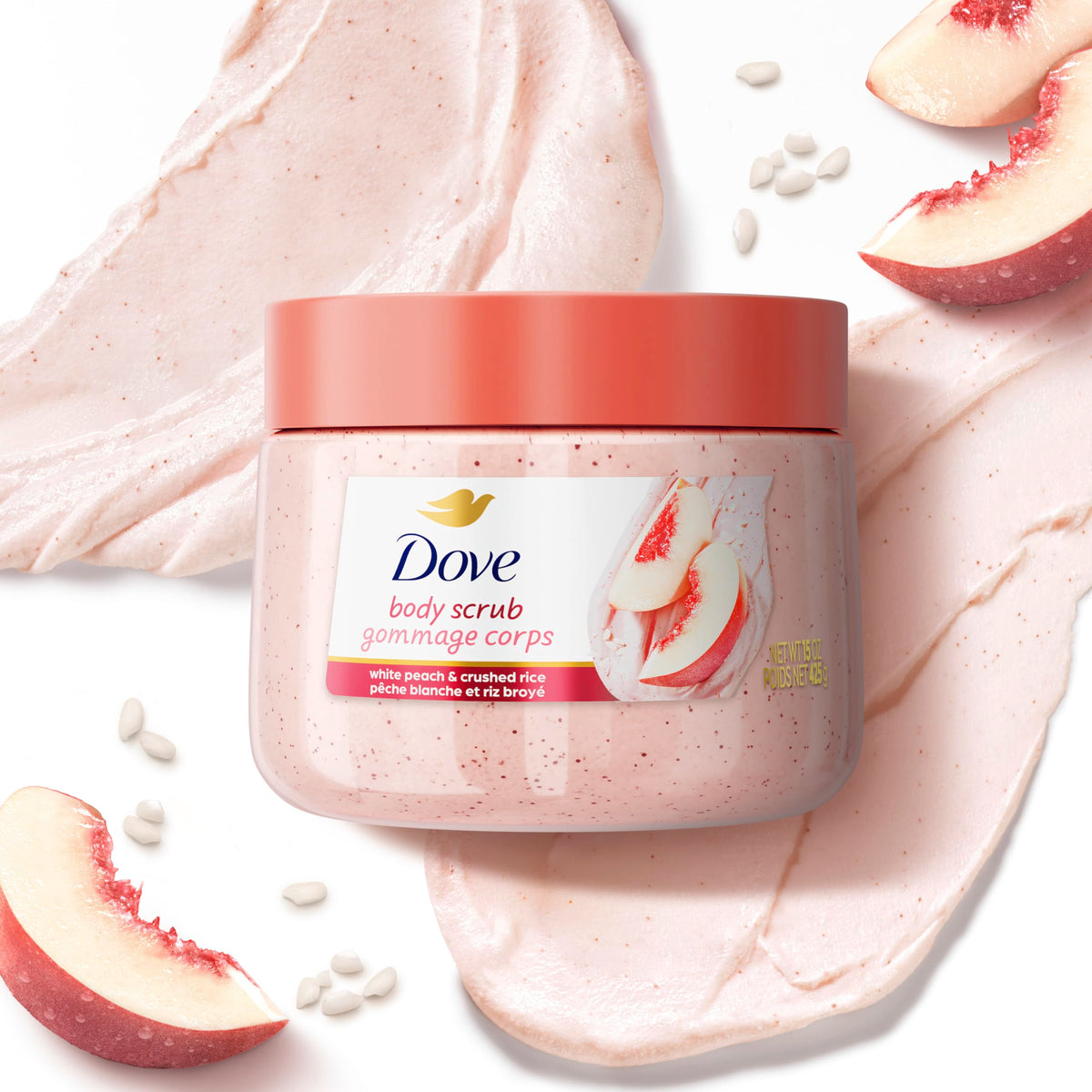 Dove Body Scrub White Peach & Crushed Rice 15 oz with peach and rice ingredients