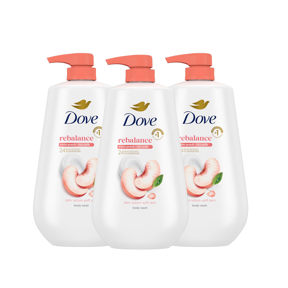 Dove Body Wash 3 Count packaging front view with peach and rice milk