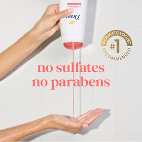 Dove Body Wash 3 Count with a peach and rice milk background
