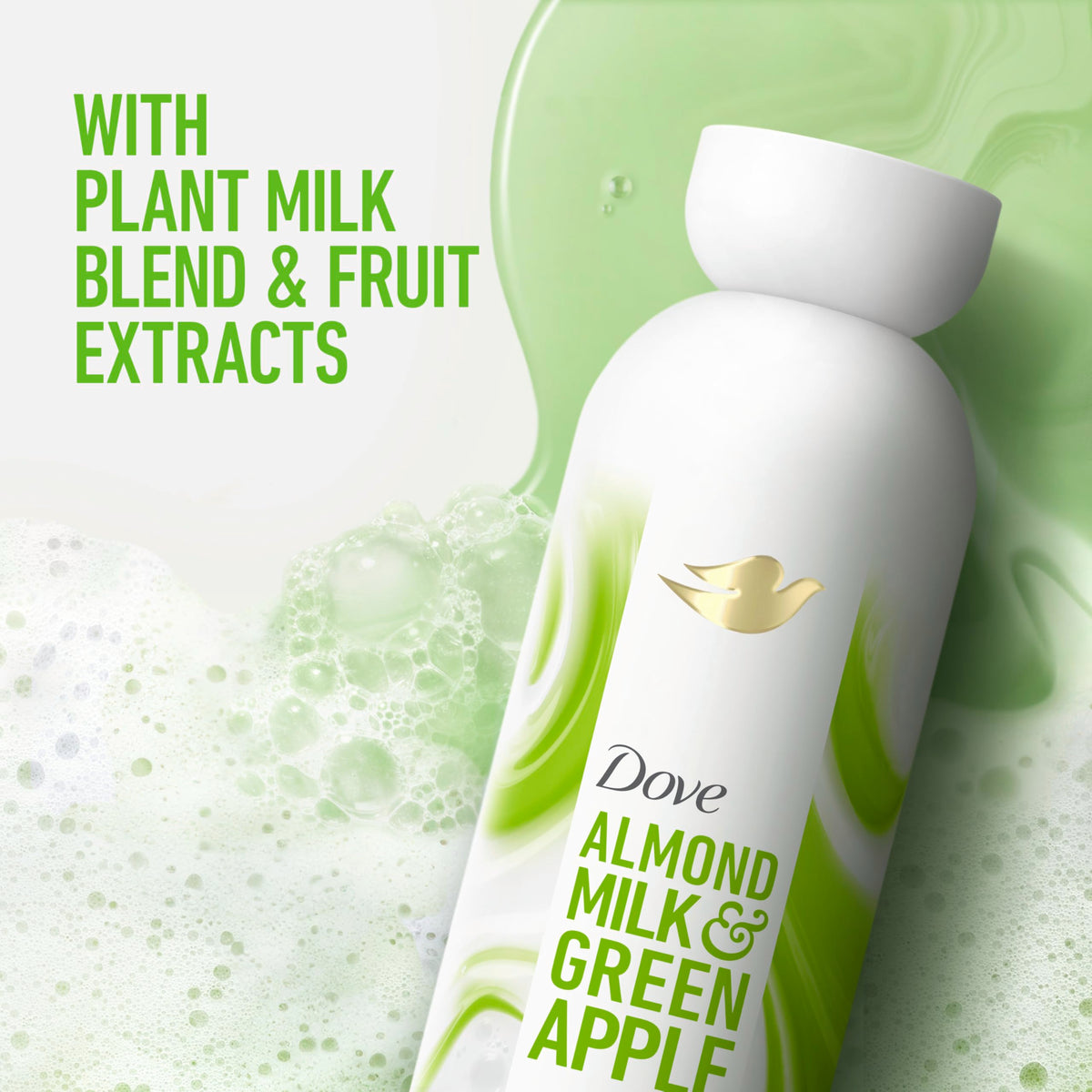 Dove body wash bottle with almond milk and green apple design