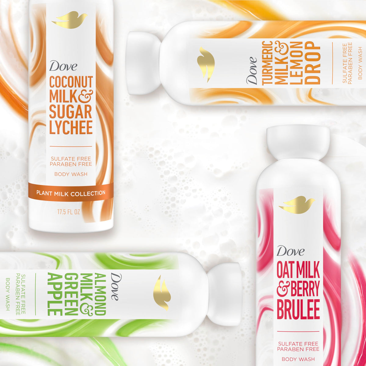 Dove body wash bottle with cap open, showing product inside
