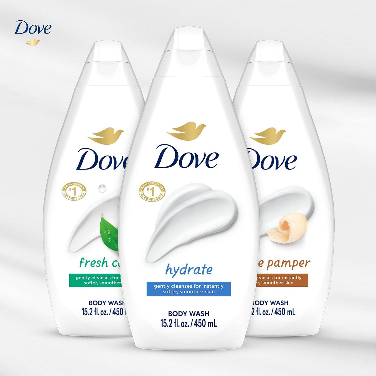 Dove Body Wash bottles with soft foam lather