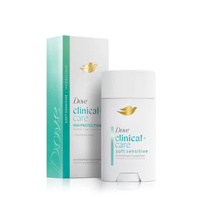 Dove Clinical + Care Antiperspirant Deodorant Stick front view, Soft Sensitive scent