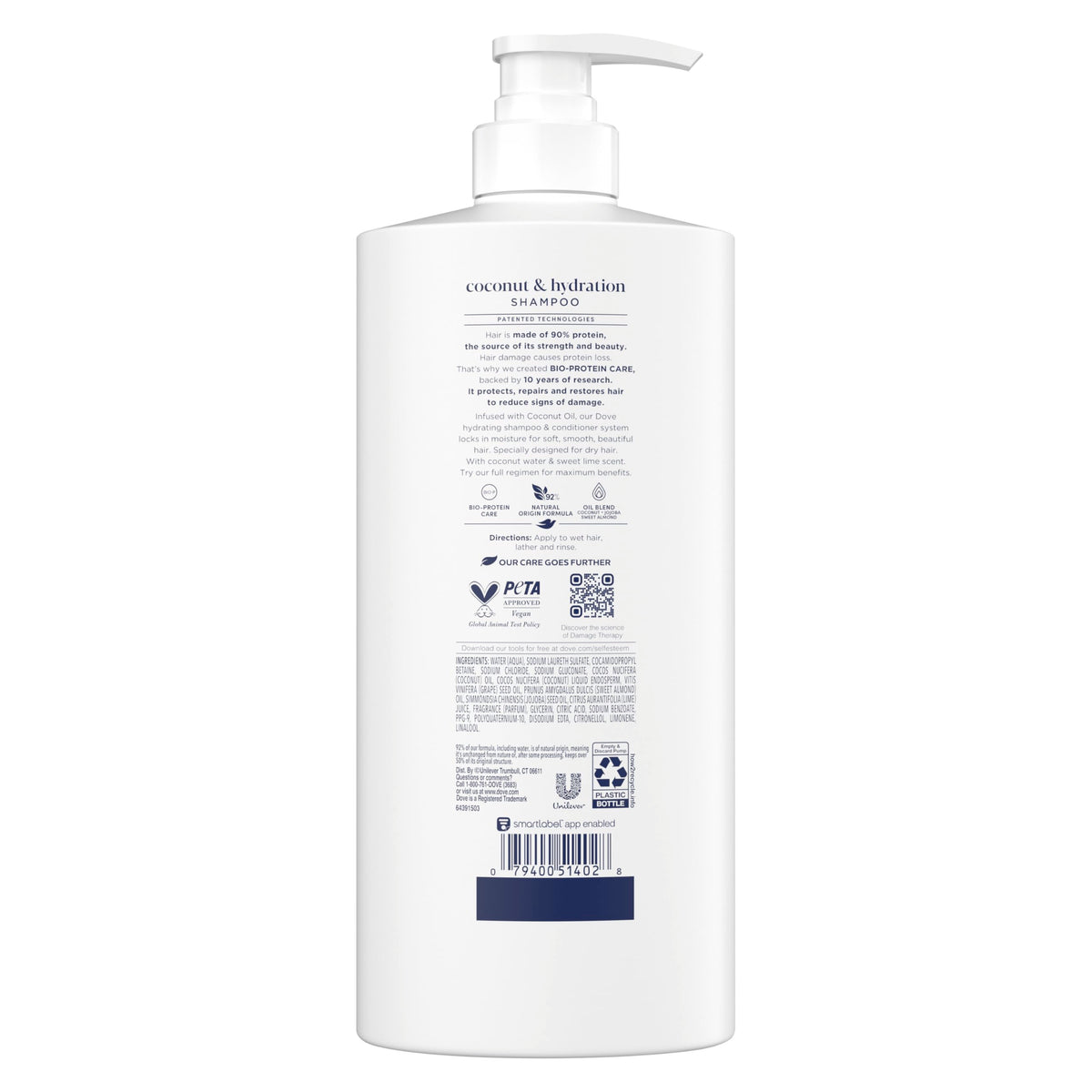 Dove Coconut & Hydration Shampoo bottle side view