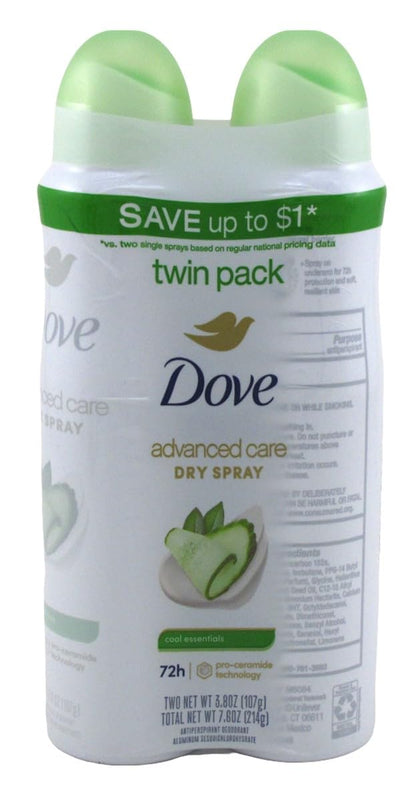 Dove Deodorant Dry Spray Advanced Care Cool Essentials twin pack front view