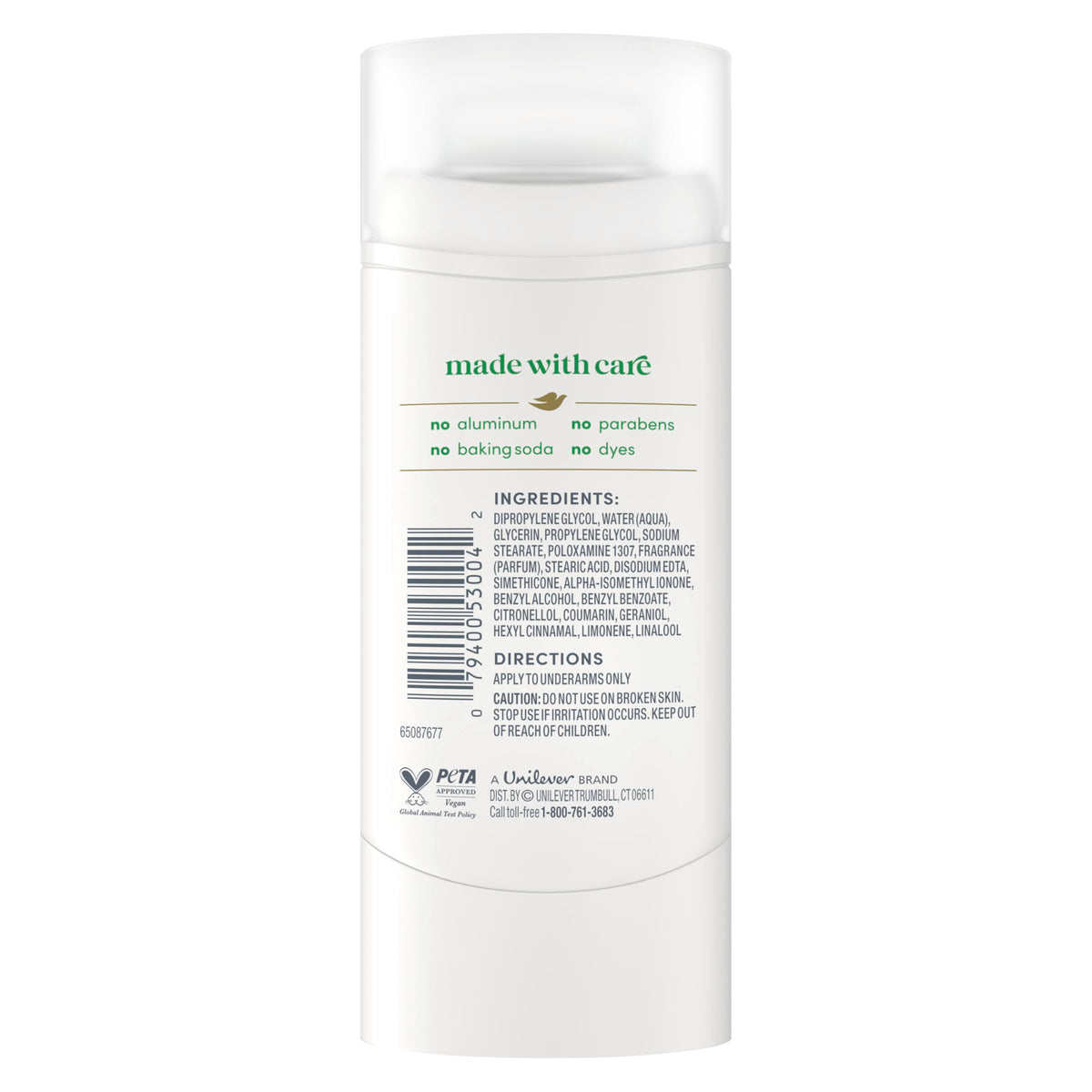 Dove Deodorant Stick for Women side view showing clear stick
