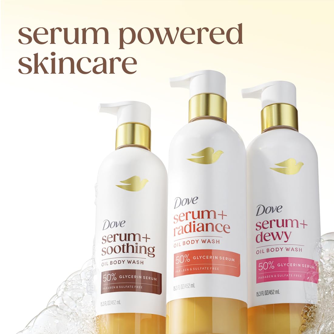 Dove Dewy Shower Oil Body Wash packaging on a bathroom shelf