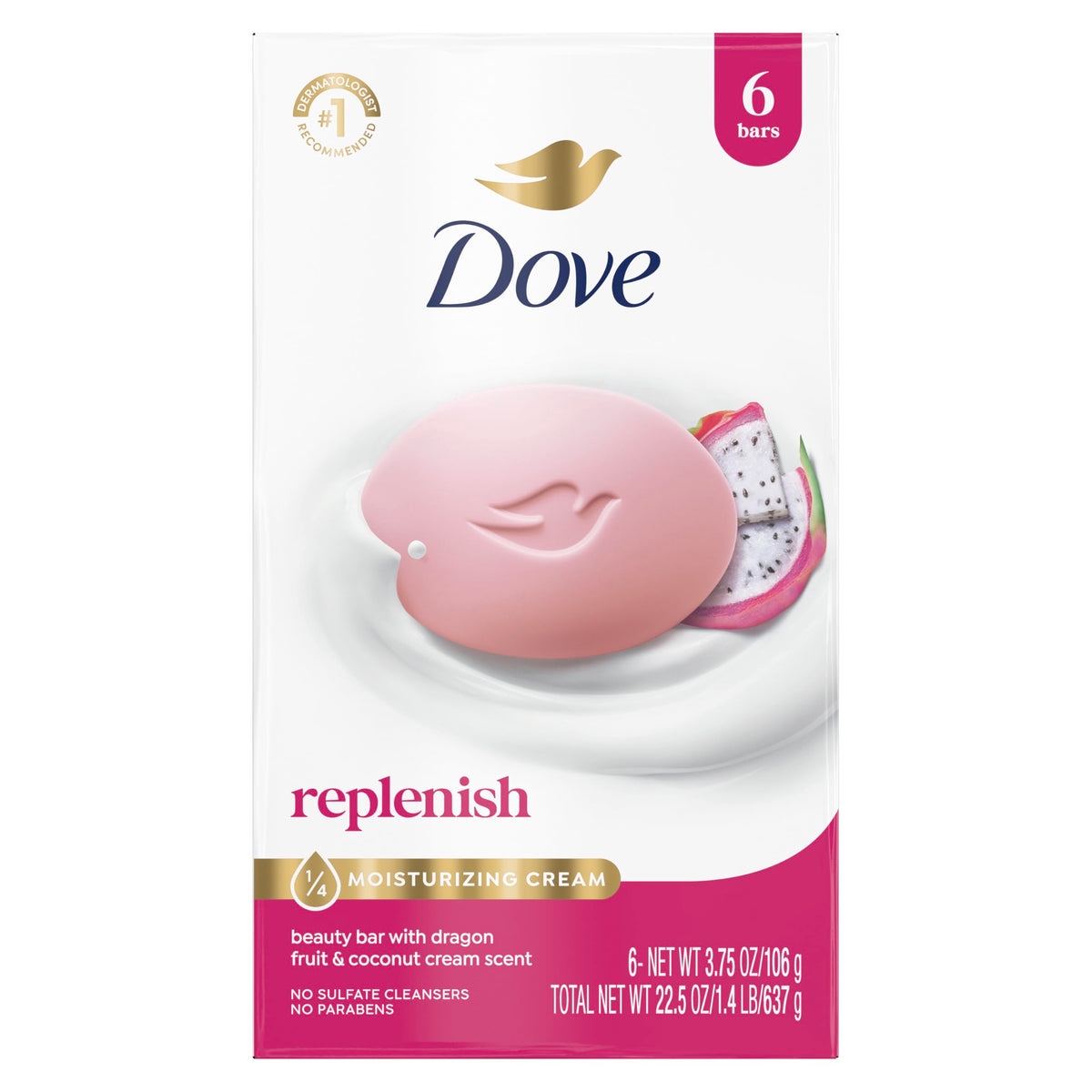 Dove Dragon Fruit Beauty Bar Soap pack front view with 6 bars