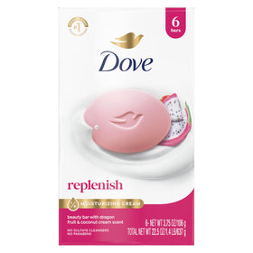 Dove Dragon Fruit Beauty Bar Soap pack front view with 6 bars
