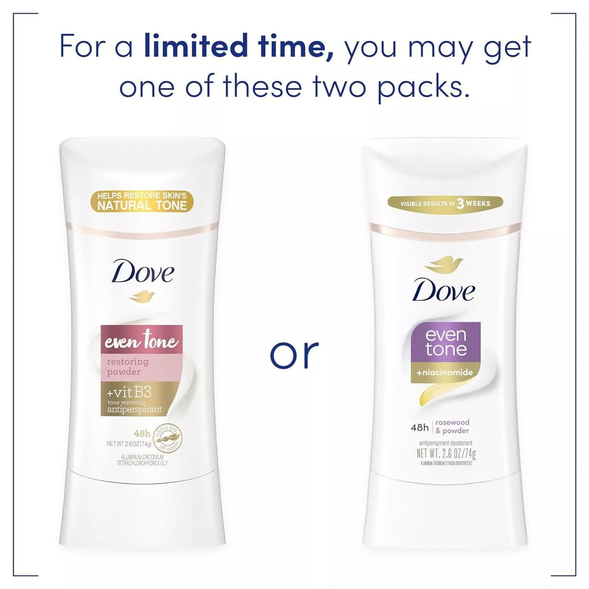 Dove Even Tone Antiperspirant packaging with rosewood scent