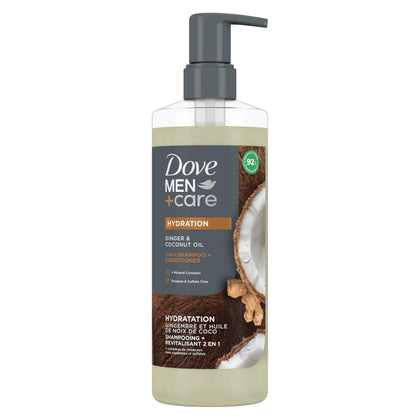 DOVE MEN + CARE 2-in-1 Shampoo + Conditioner front view with ginger and coconut oil