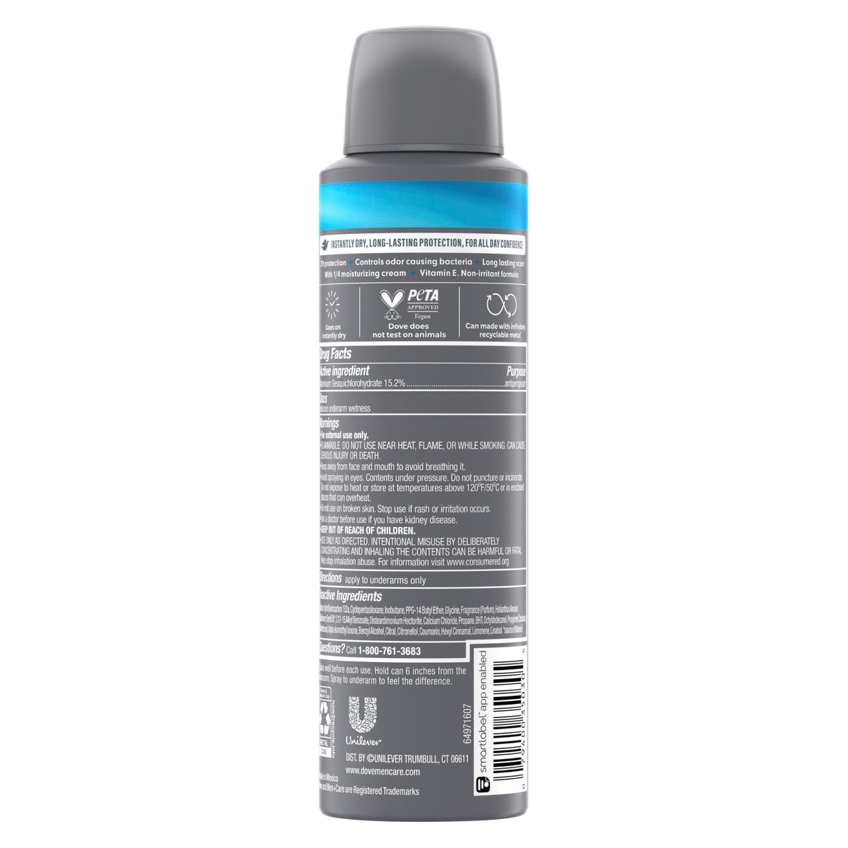 DOVE MEN + CARE Antiperspirant Deodorant Clean Comfort back view with ingredient list