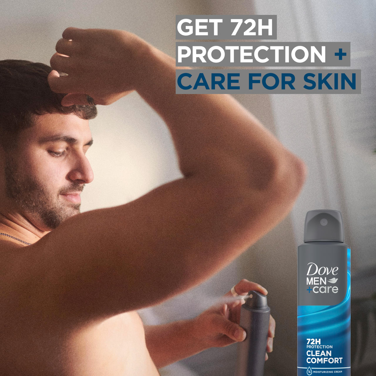 DOVE MEN + CARE Antiperspirant Deodorant Clean Comfort displaying 72-hour protection label