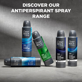 DOVE MEN + CARE Antiperspirant Deodorant Clean Comfort showing dry spray application