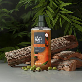 DOVE MEN + CARE body wash bottle with Sandalwood and Cardamom Oil