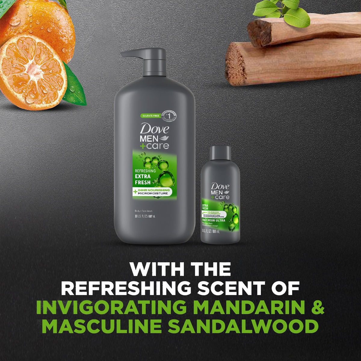 Dove Men+Care body wash packaging with travel-size included