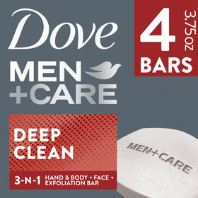 DOVE MEN + CARE Deep Clean Body and Face Bar Soap in a shower setting