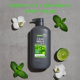 DOVE MEN + CARE Extra Fresh Body Wash 30 oz with lather on hands