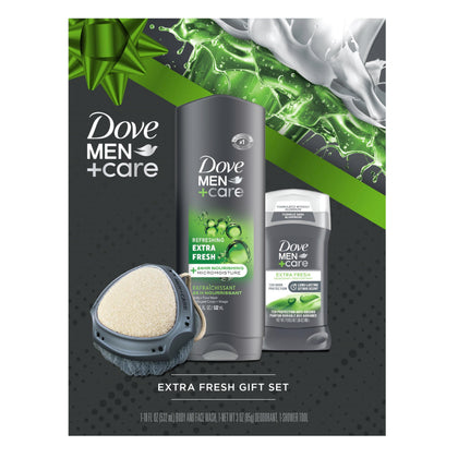 Dove Men+Care Gift Set with face and body wash, antiperspirant, and shower tool