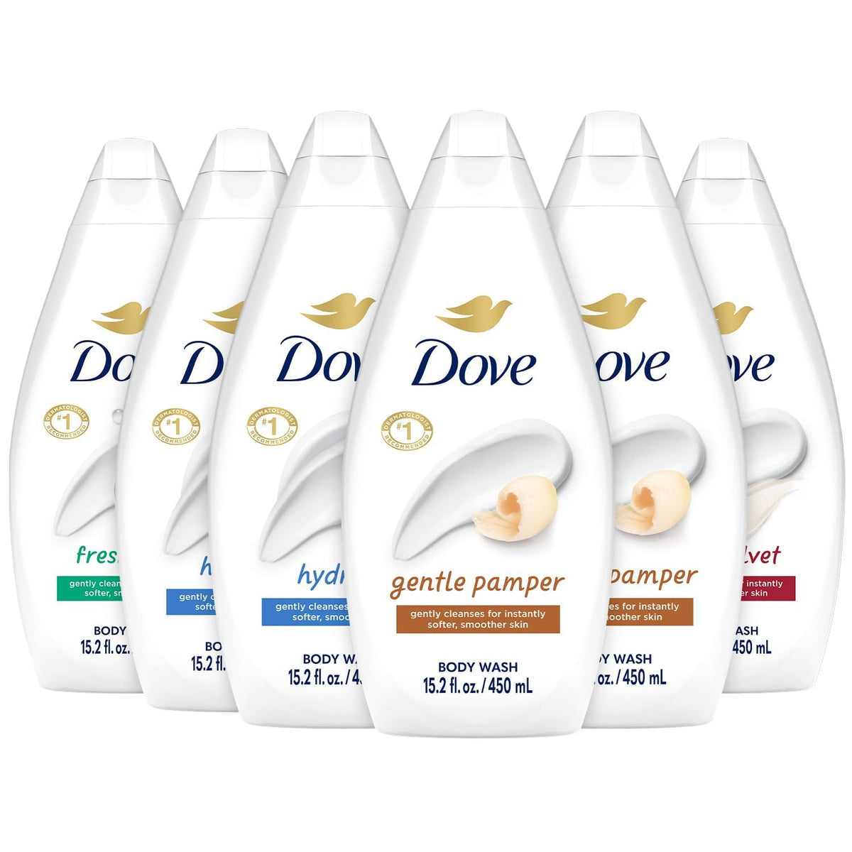 Dove Moisturizing Body Wash 6-Pack front view with assorted scents