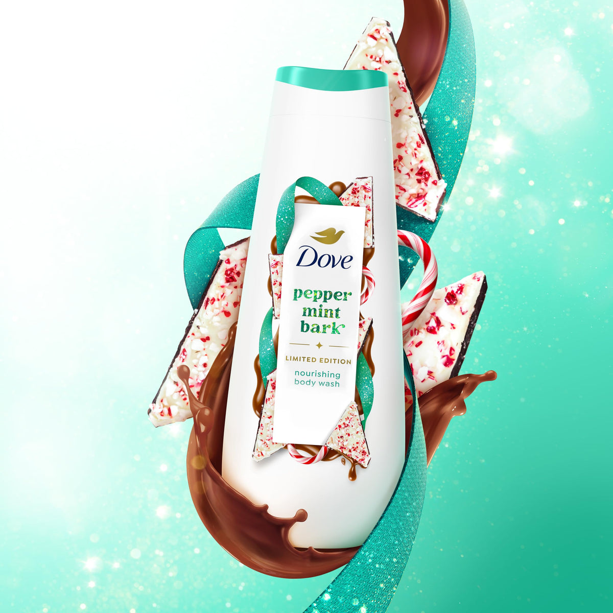 Dove Peppermint Bark Body Wash 20 oz with peppermint candies