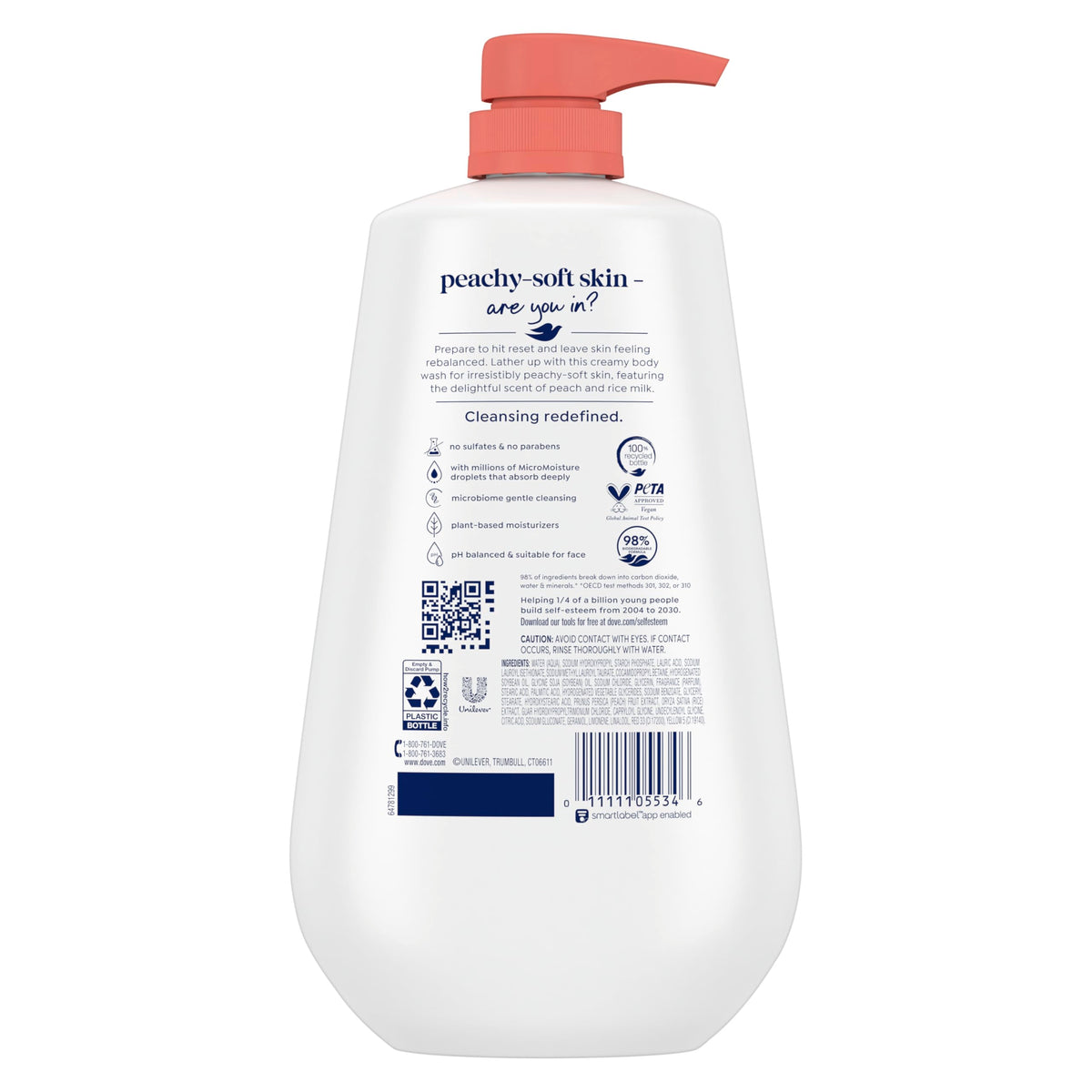 Dove Rebalance Body Wash White Peach & Rice Milk 30.6 oz back view