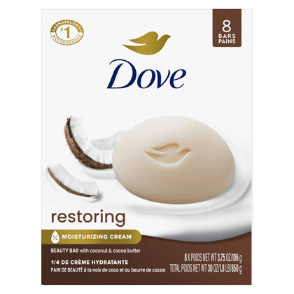 Dove Restoring Beauty Bar Soap 8 Count Coconut & Cocoa Butter front view