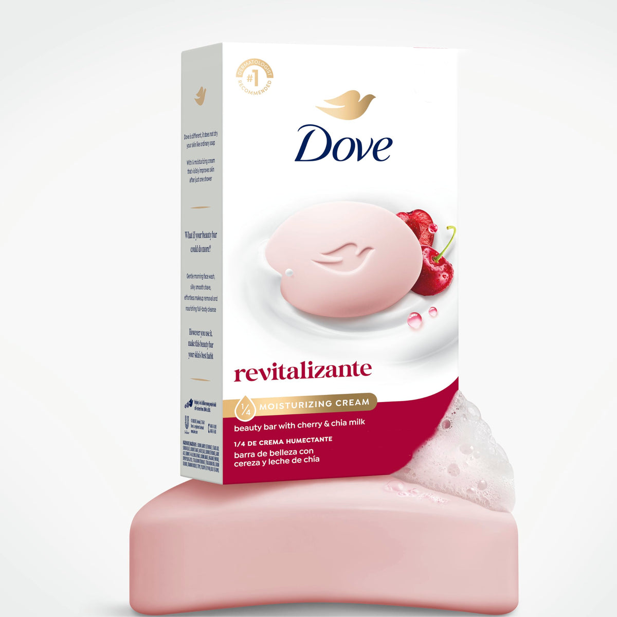 Dove Revitalizing Beauty Bar Soap 6 Count Cherry & Chia Milk on a bathroom counter