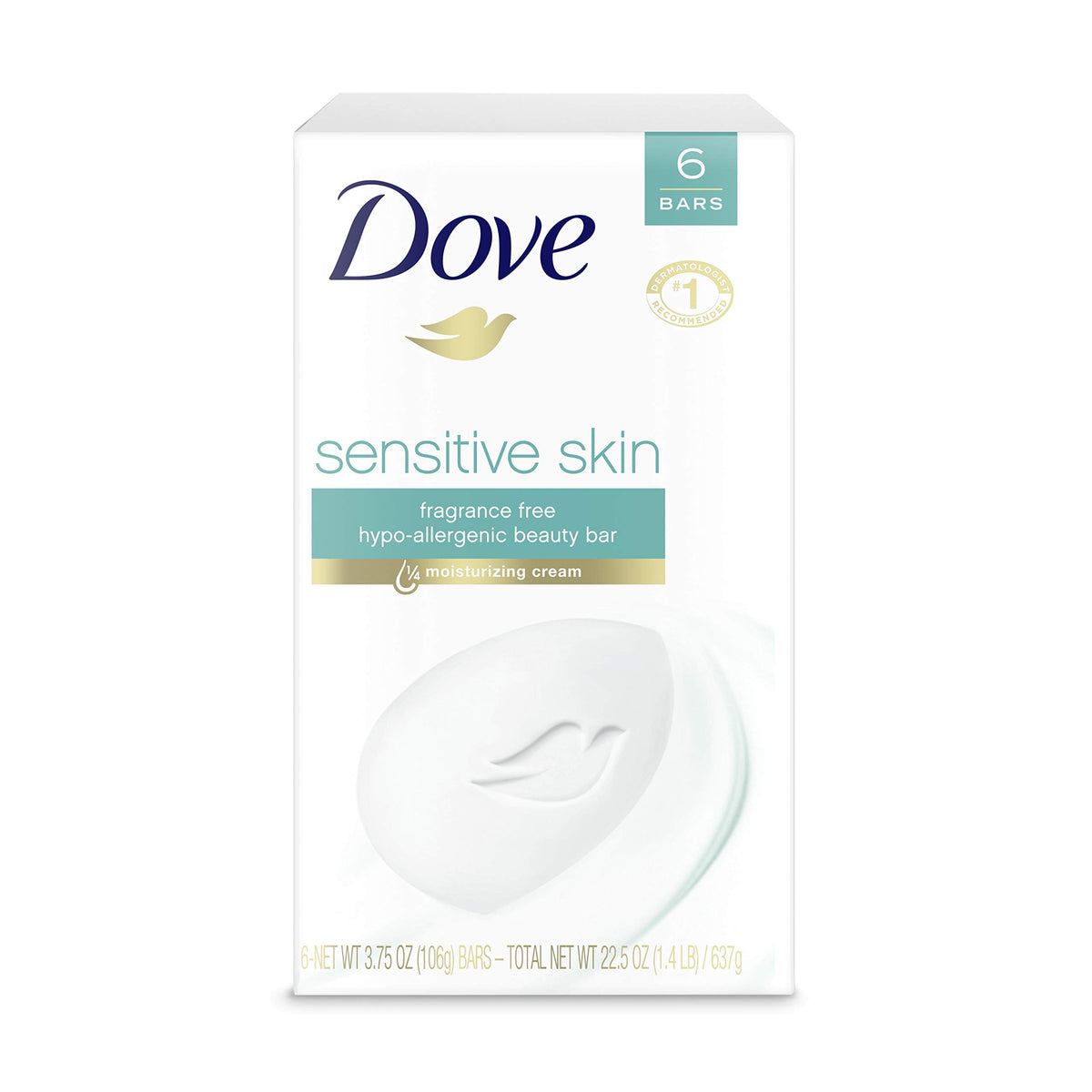 Dove Sensitive Skin Beauty Bar Soap unscented 6-pack front view
