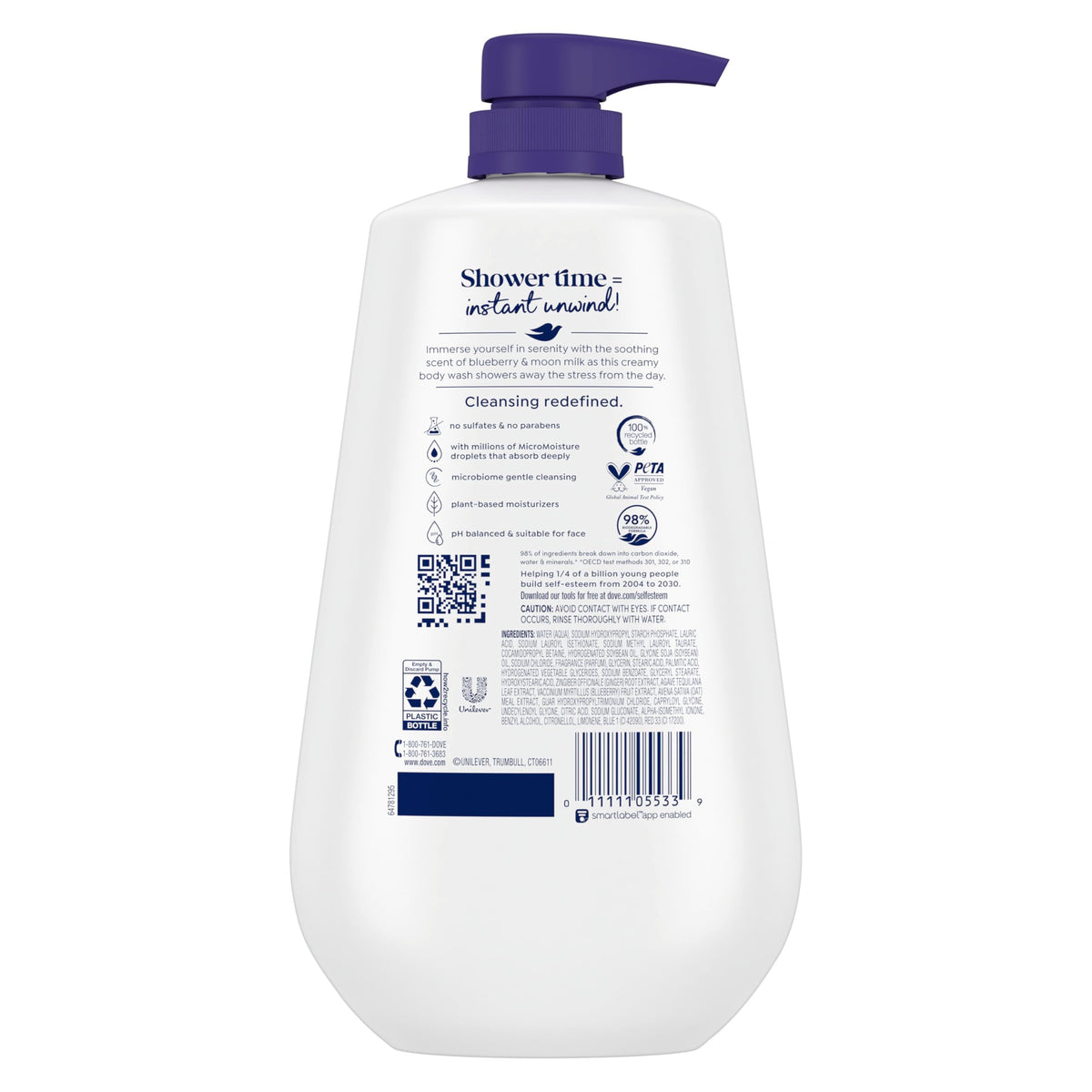 Dove Unwind Body Wash Blueberry & Moon Milk 30.6 oz back view