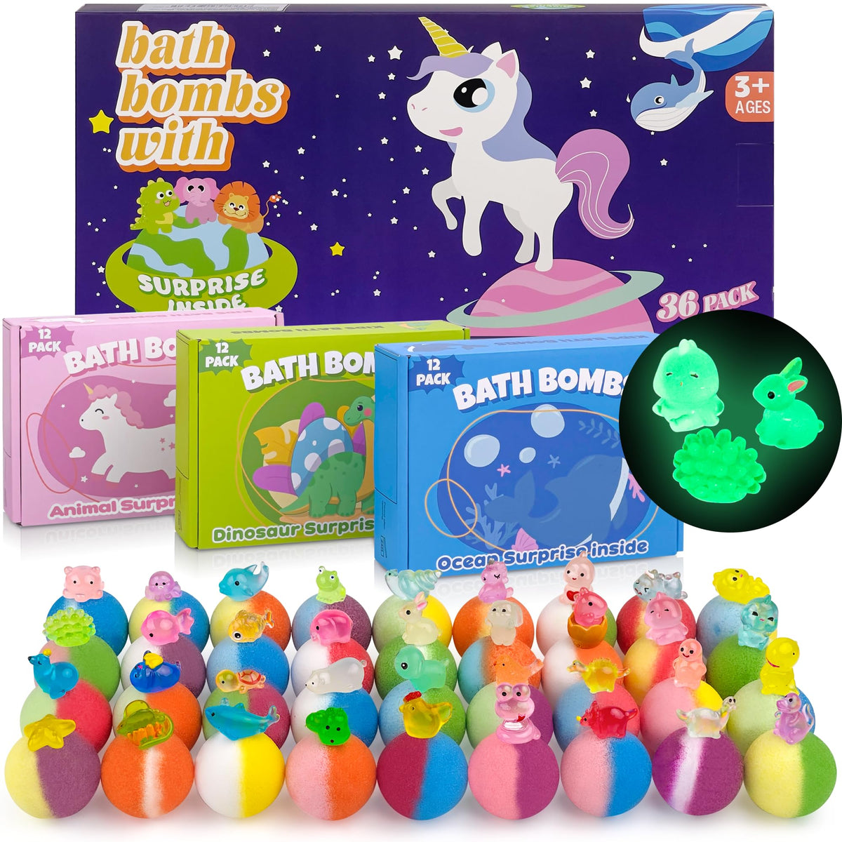 DOVIPE 36 pack bath bombs with glow in the dark toy inside