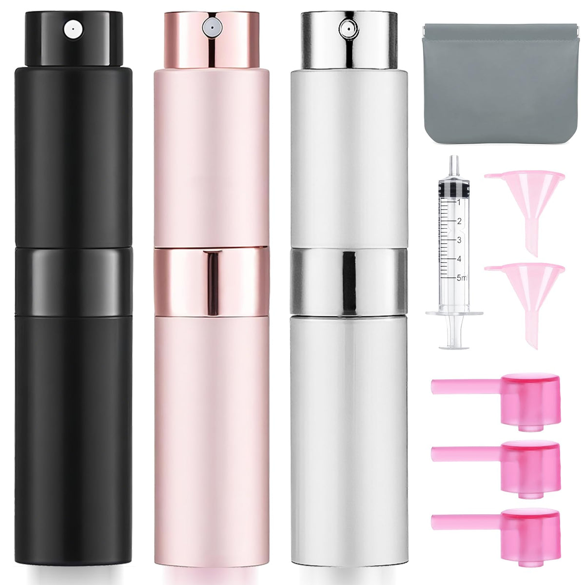 DPLASKA 3 Pcs refillable atomizer spray bottles in black, pink, and silver