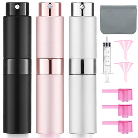 DPLASKA 3 Pcs refillable atomizer spray bottles in black, pink, and silver