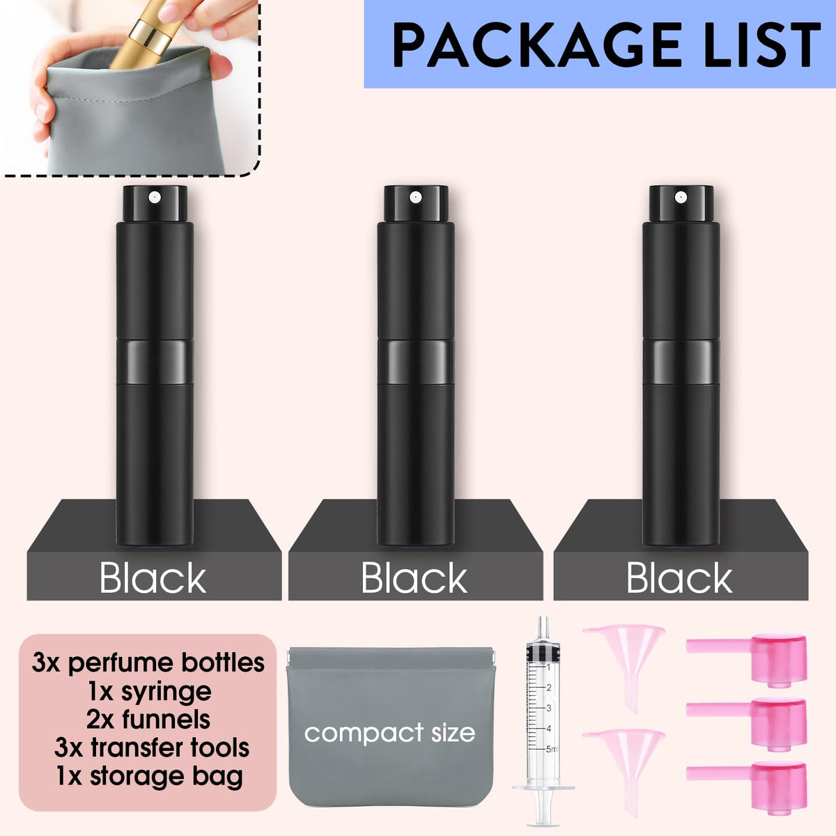 DPLASKA travel spray bottles with accessories on a table