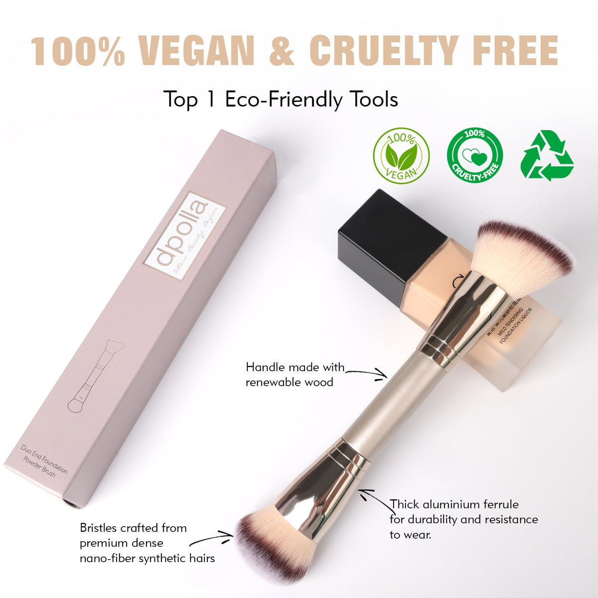 dpolla dual-ended foundation brush angled view highlighting aluminium ferrule