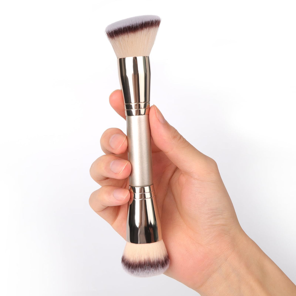 dpolla dual-ended foundation brush front view with round and slanted heads
