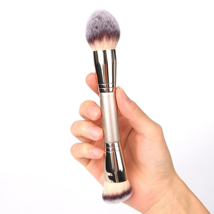 dpolla dual-ended foundation brush front view with round and slanted heads