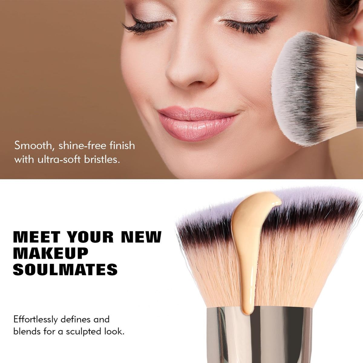 dpolla dual-ended foundation brush on a makeup table with cosmetics
