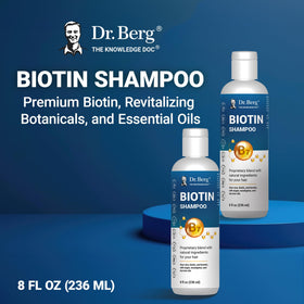 Dr. Berg Biotin Shampoo in a bathroom setting