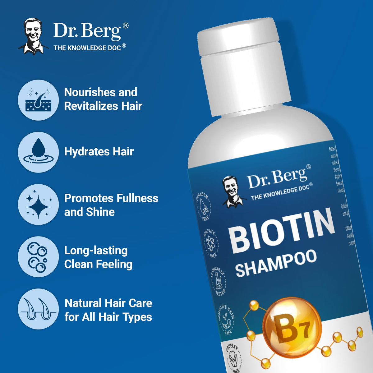 Dr. Berg Biotin Shampoo with ingredients displayed