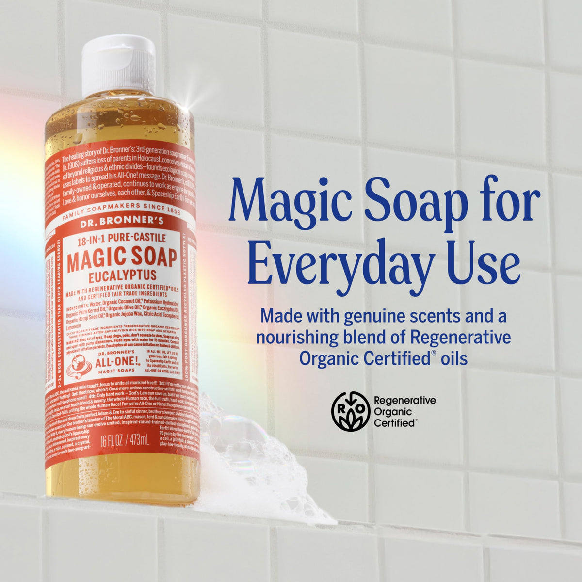 Dr. Bronner's Eucalyptus Pure-Castile Liquid Soap back view with ingredients list