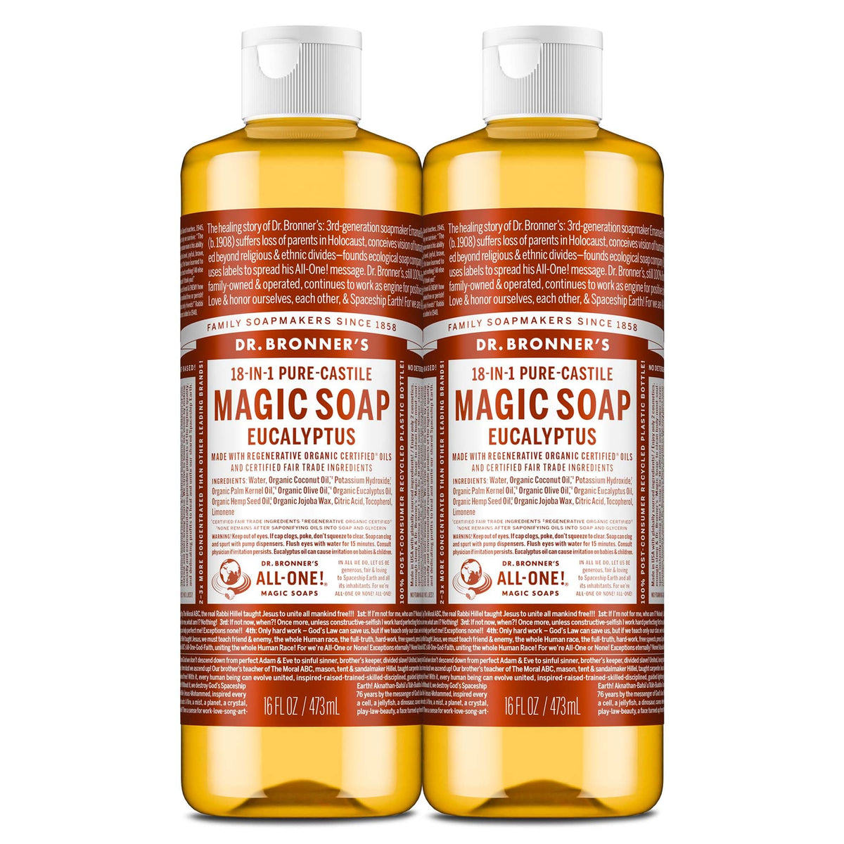 Dr. Bronner's Eucalyptus Pure-Castile Liquid Soap front view, 16 oz bottle