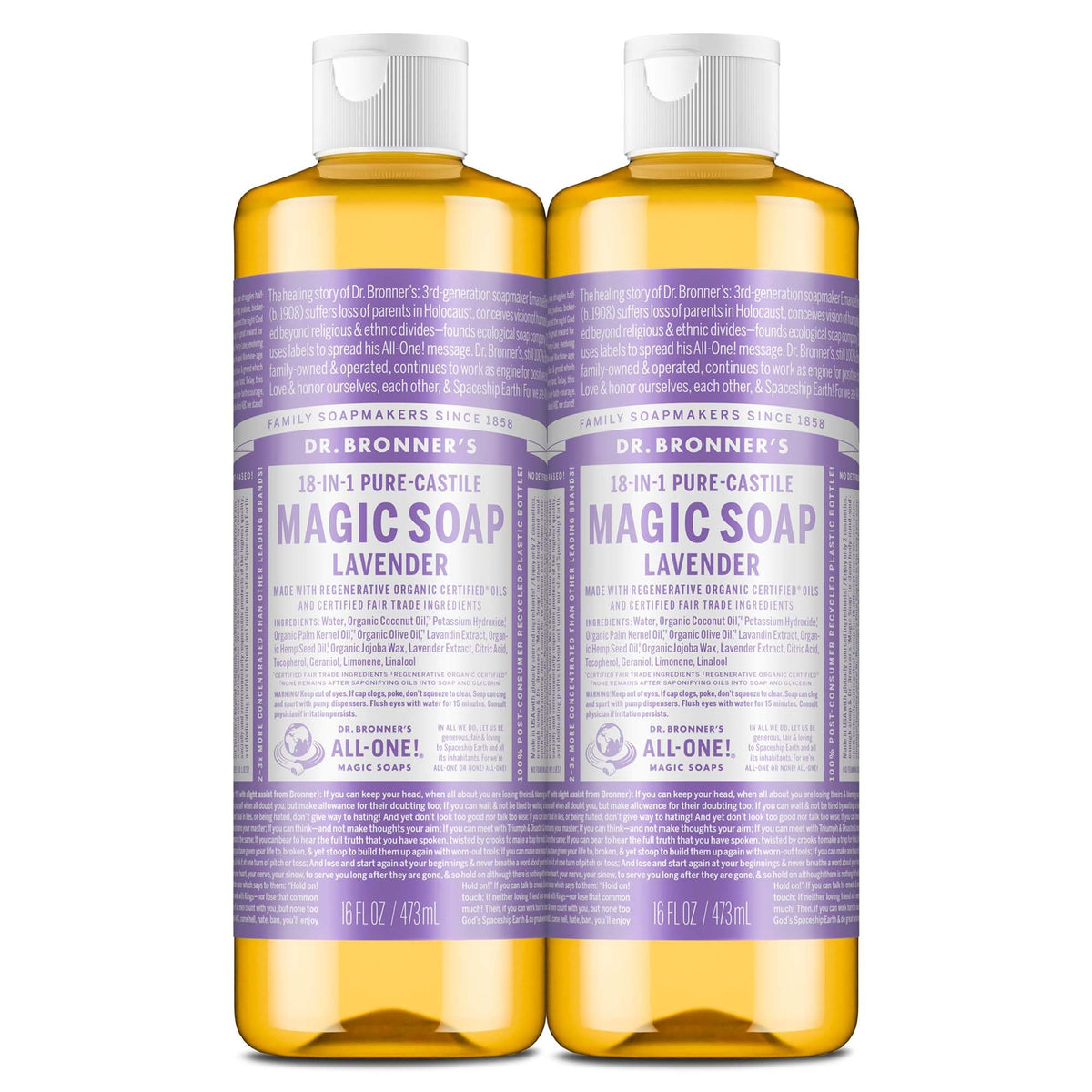 Dr. Bronner's Lavender Pure-Castile Liquid Soap 16 oz front view