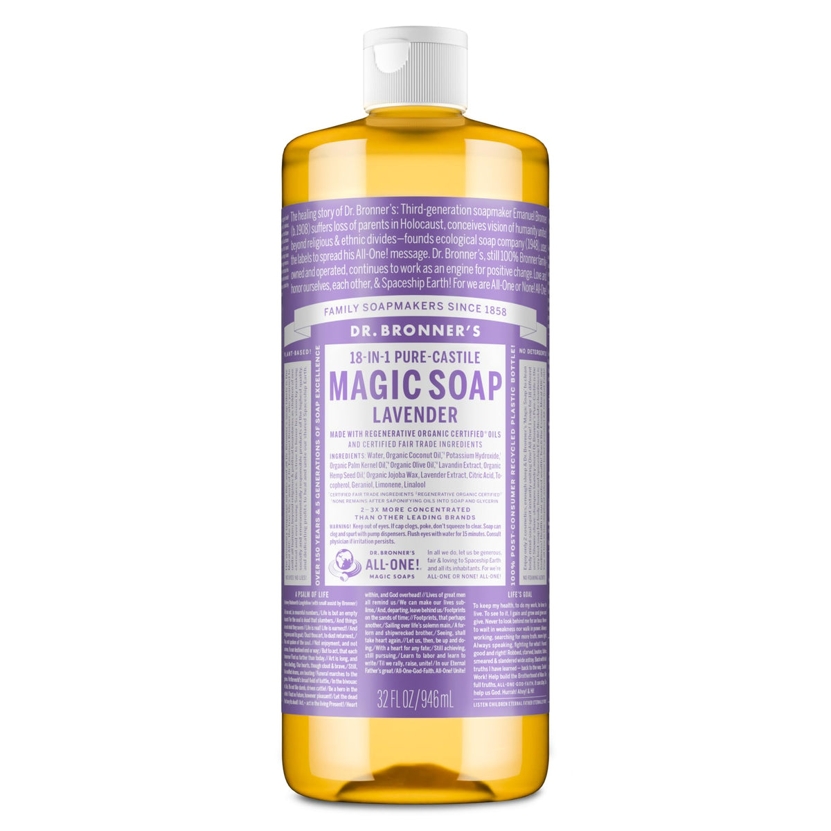 Dr. Bronner's Lavender Pure-Castile Liquid Soap 32 oz front view