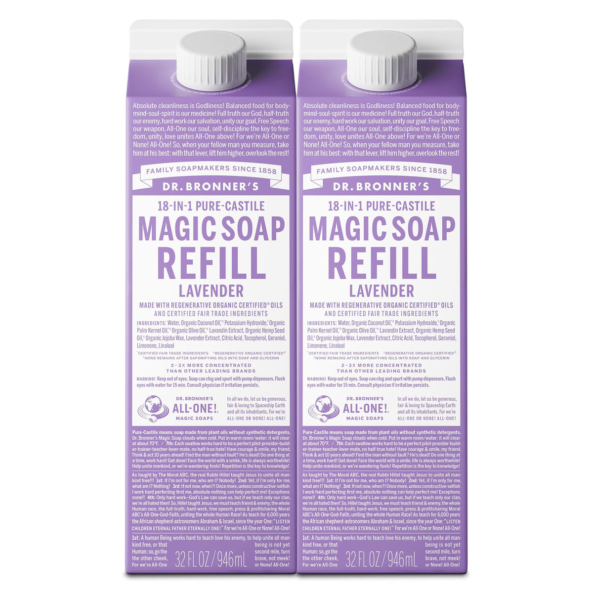 Dr. Bronner's Lavender Pure-Castile Liquid Soap 32oz refill front view