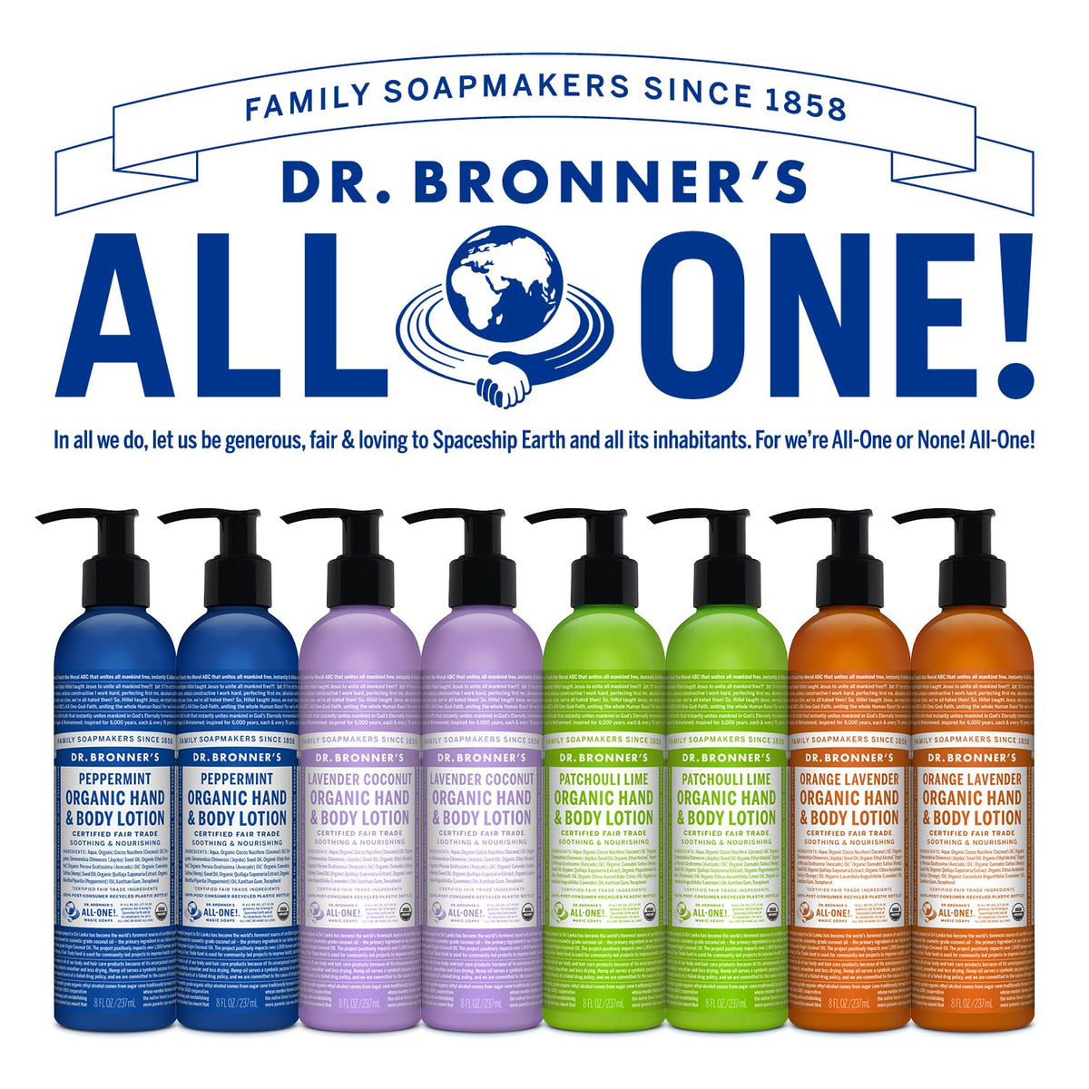 Dr. Bronner's Organic Hand and Body Lotion 236ml on a bathroom shelf